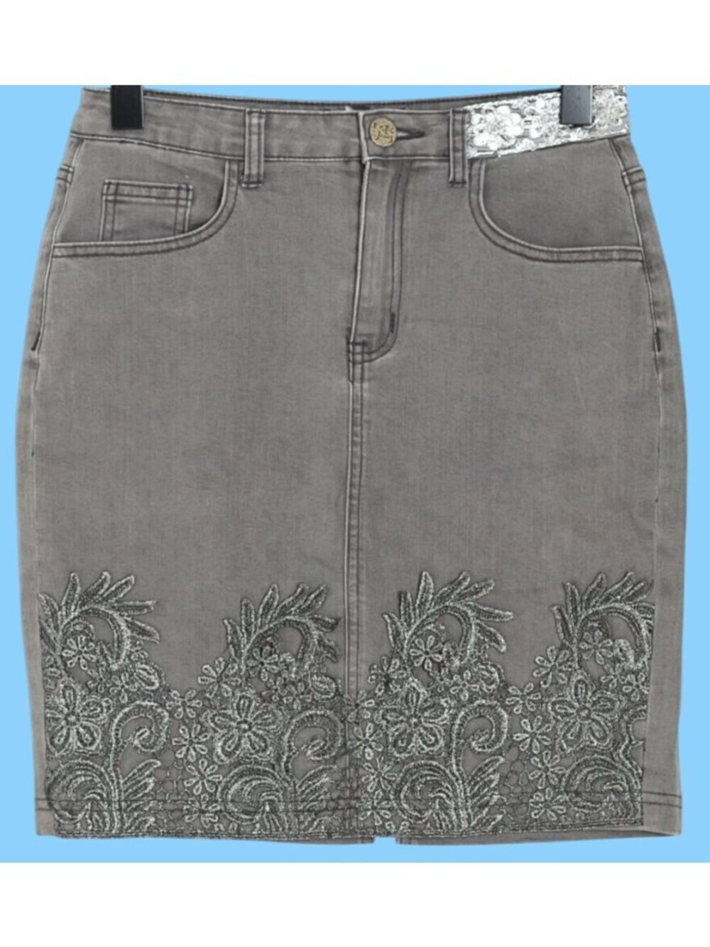 RARE DESIGUAL Grey Denim Sequined and Embroidered Skirt Size 30
